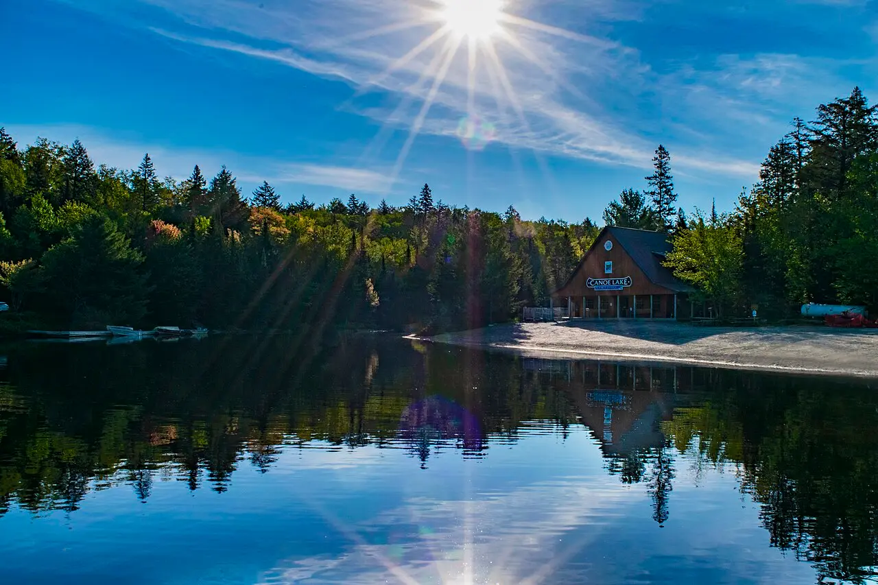 Open water and forested hills around Canoe Lake in Algonquin Provincial Park