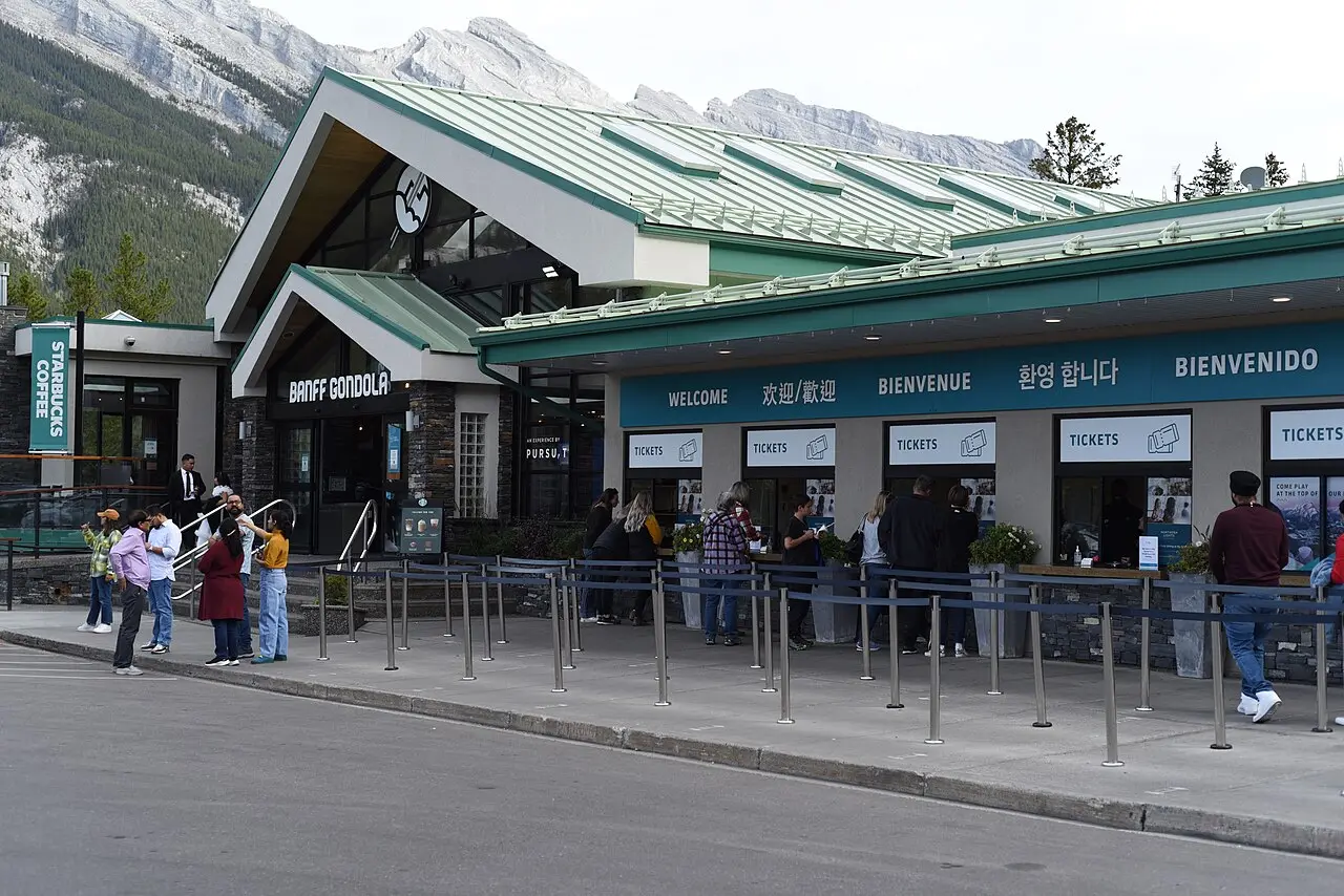 The base station of the Banff Gondola at the foot of Sulphur Mountain with a cabin departing