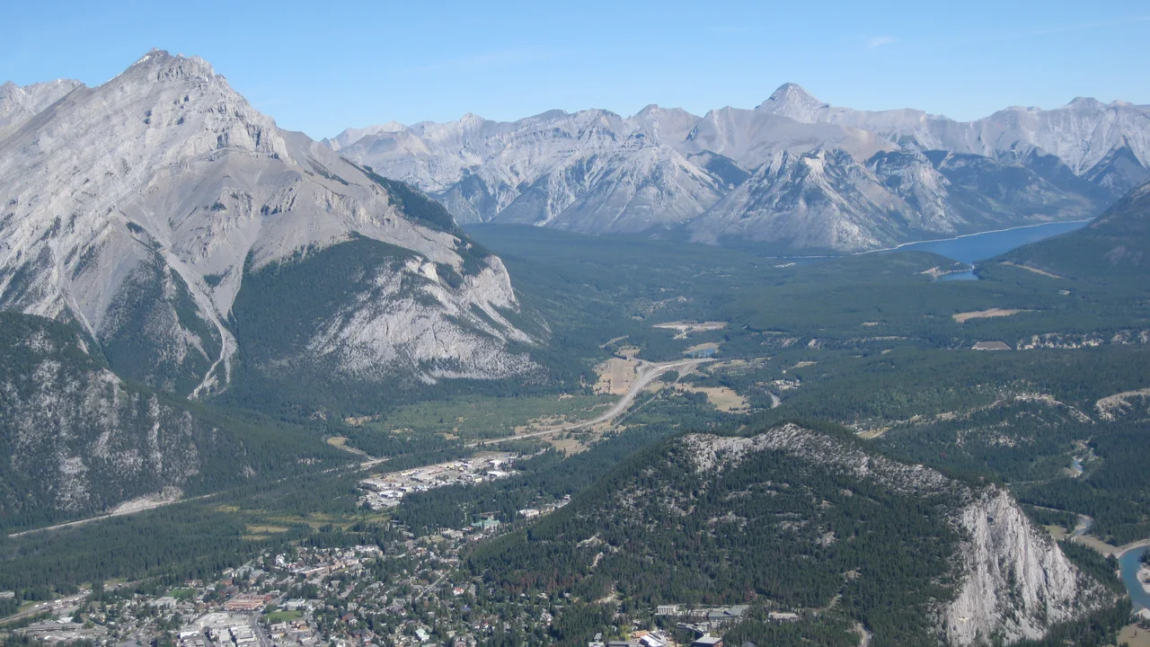 The Bow Valley, Banff townsite and Lake Minnewanka seen from the top of the Banff Gondola
