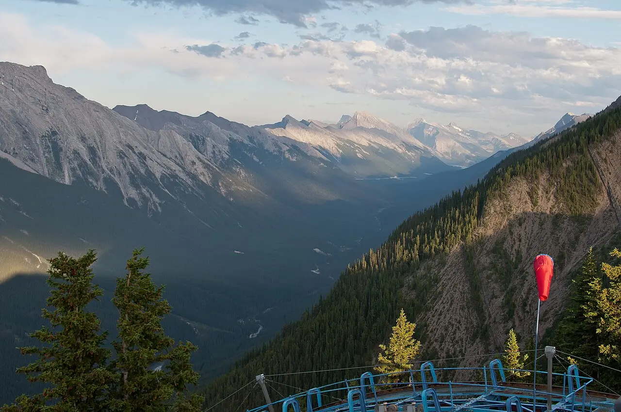 View southeast over the Bow Valley from the summit of the Banff Gondola on Sulphur Mountain