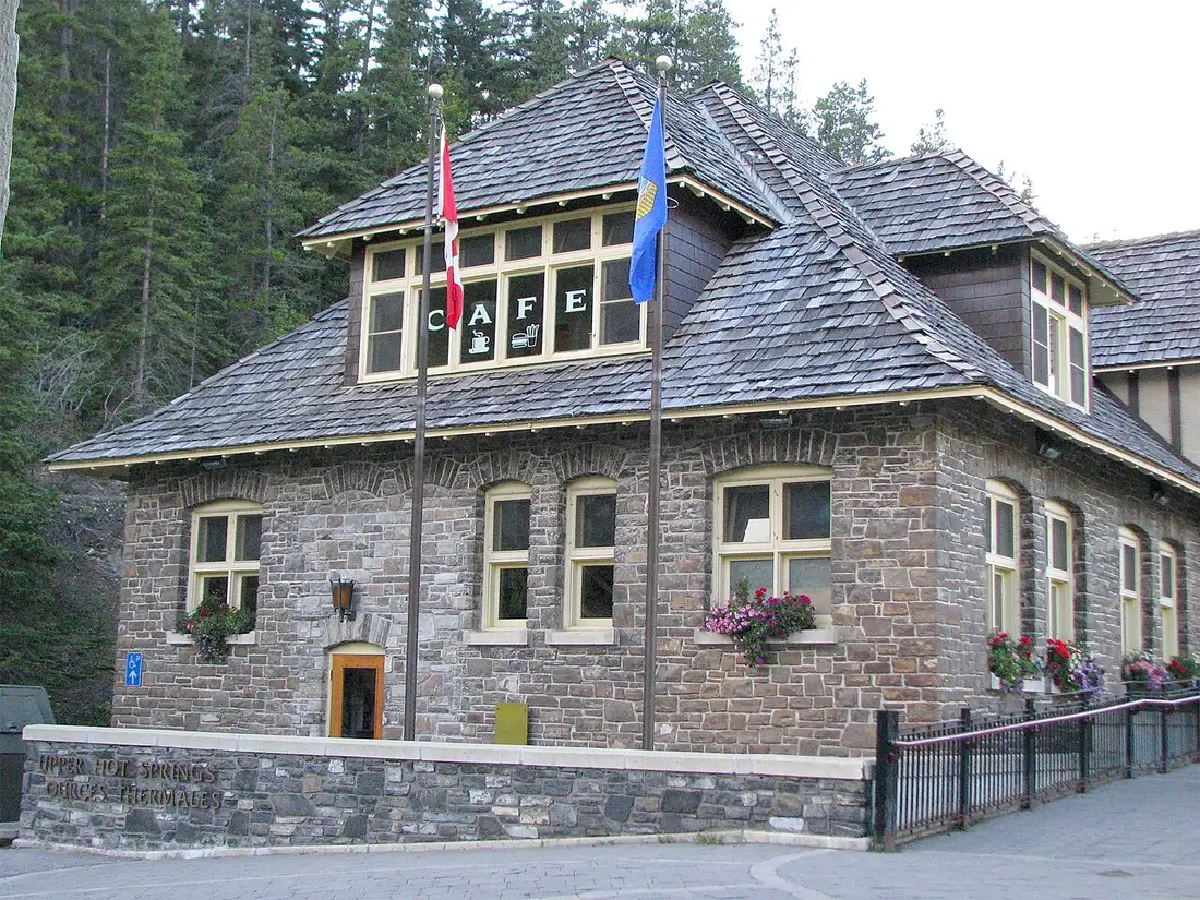 The stone and timber south end of the Banff Upper Hot Springs bathhouse