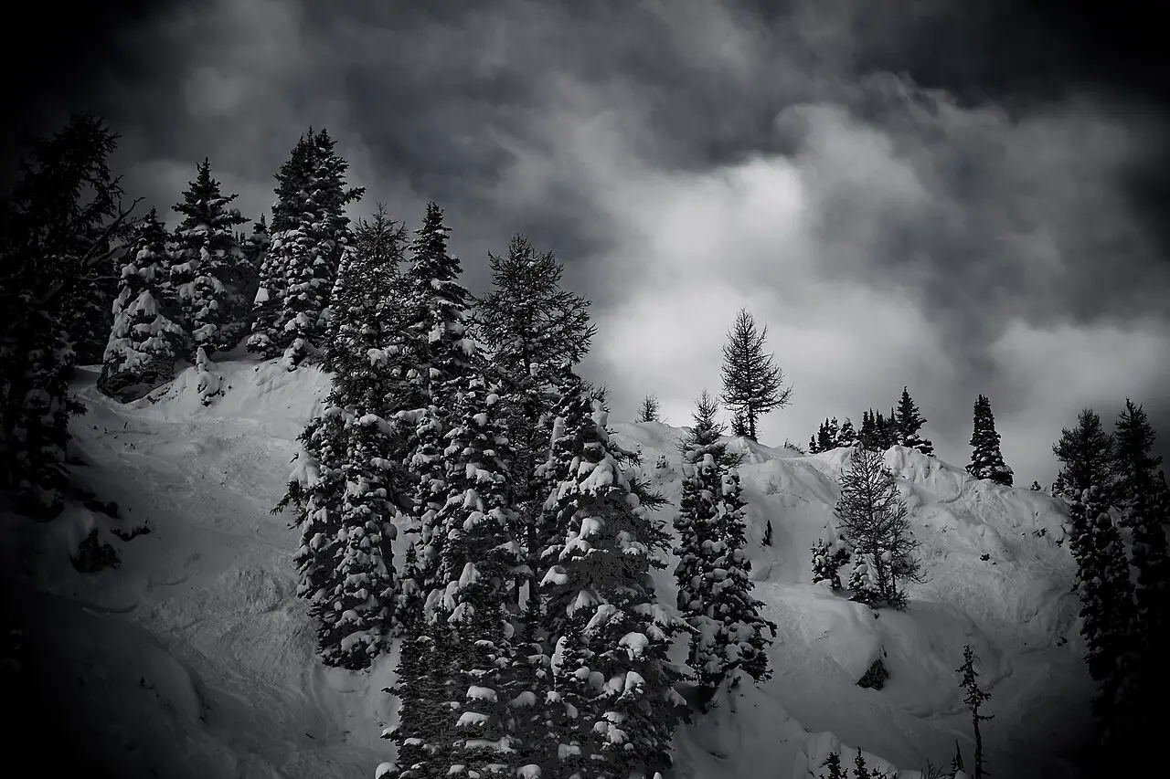 Skiers and a chairlift at Banff Sunshine Village with snow-covered alpine terrain above the treeline