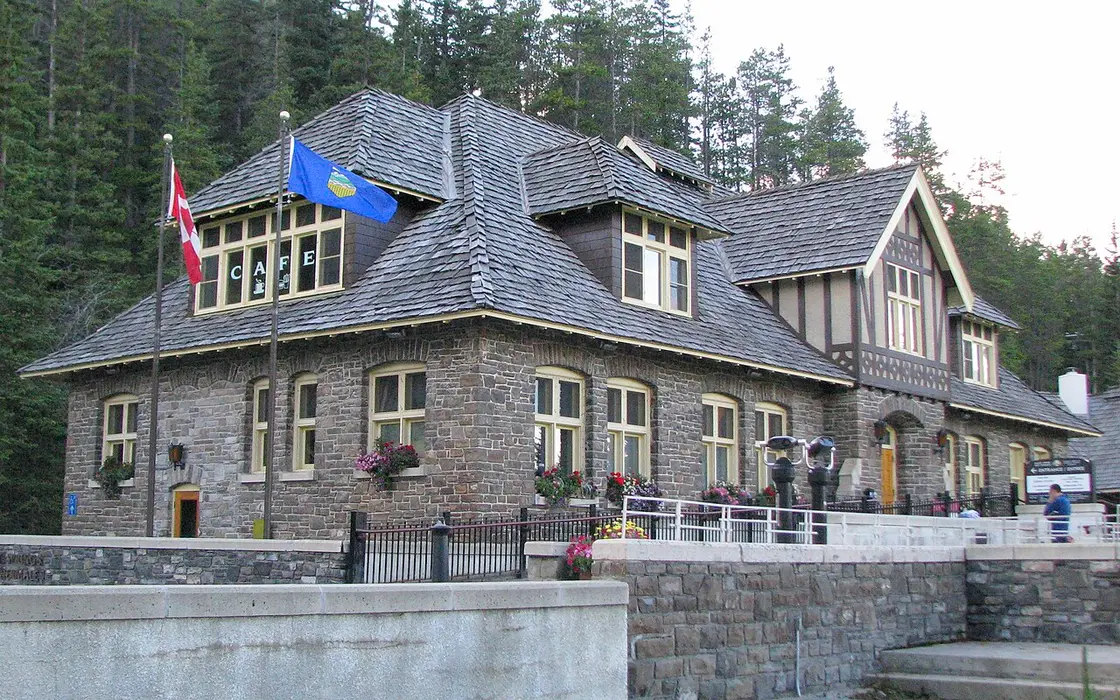 The stone and timber bathhouse of the Banff Upper Hot Springs on Sulphur Mountain