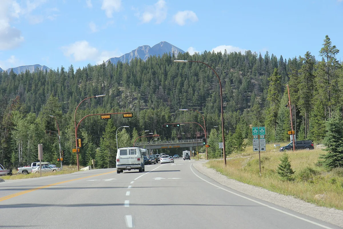 The Icefields Parkway near its northern end meeting the Trans-Canada Highway in the Rockies