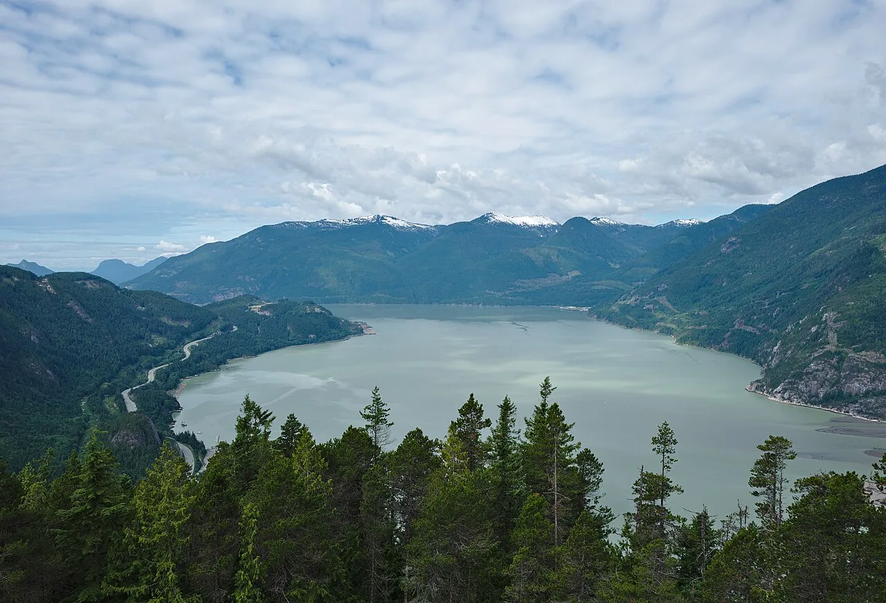 View over Howe Sound and its forested islands from the granite dome of the Stawamus Chief near Squamish