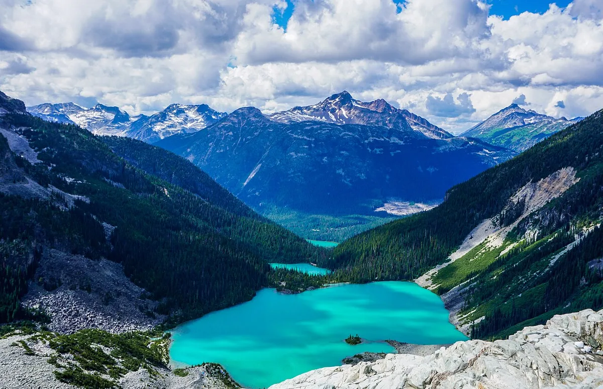 Three turquoise glacier-fed lakes stepped up a valley at Joffre Lakes Provincial Park