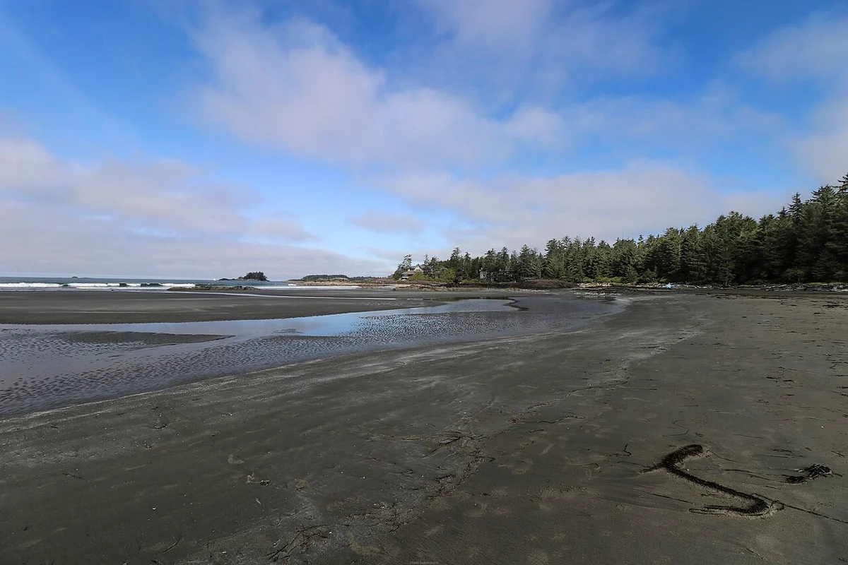 Wide sand of Long Beach with Pacific surf rolling in under a low sky near Tofino
