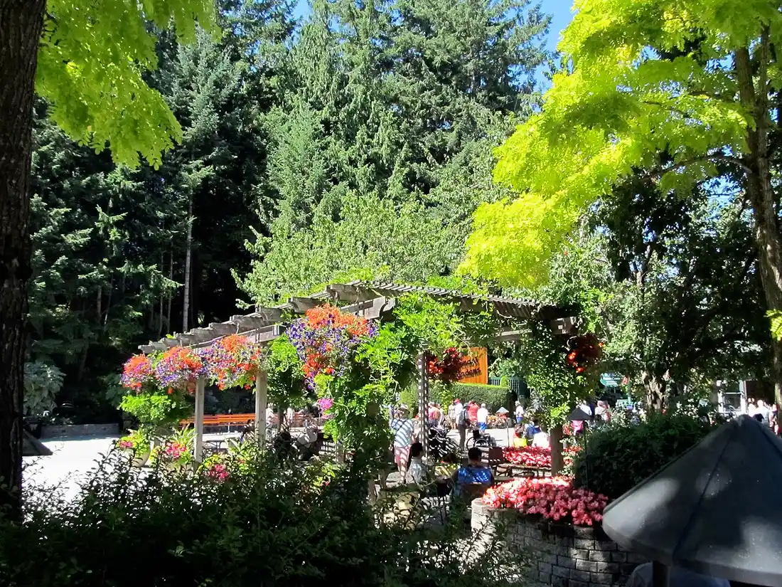 The entrance gate and signage at The Butchart Gardens near Brentwood Bay