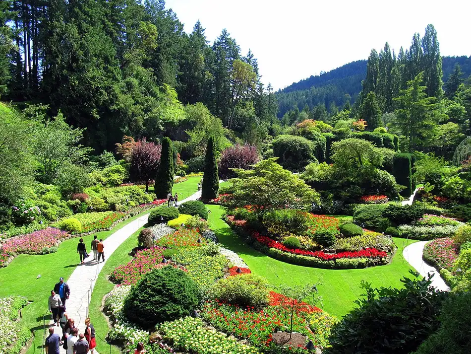 The Sunken Garden at The Butchart Gardens, built into a former limestone quarry with dense flower plantings on the quarry floor