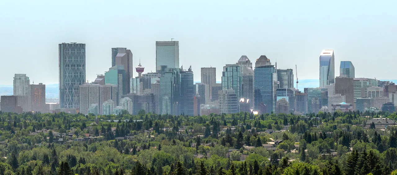 The downtown Calgary skyline with the red-topped Calgary Tower, seen across tree-covered suburbs from Nose Hill Park