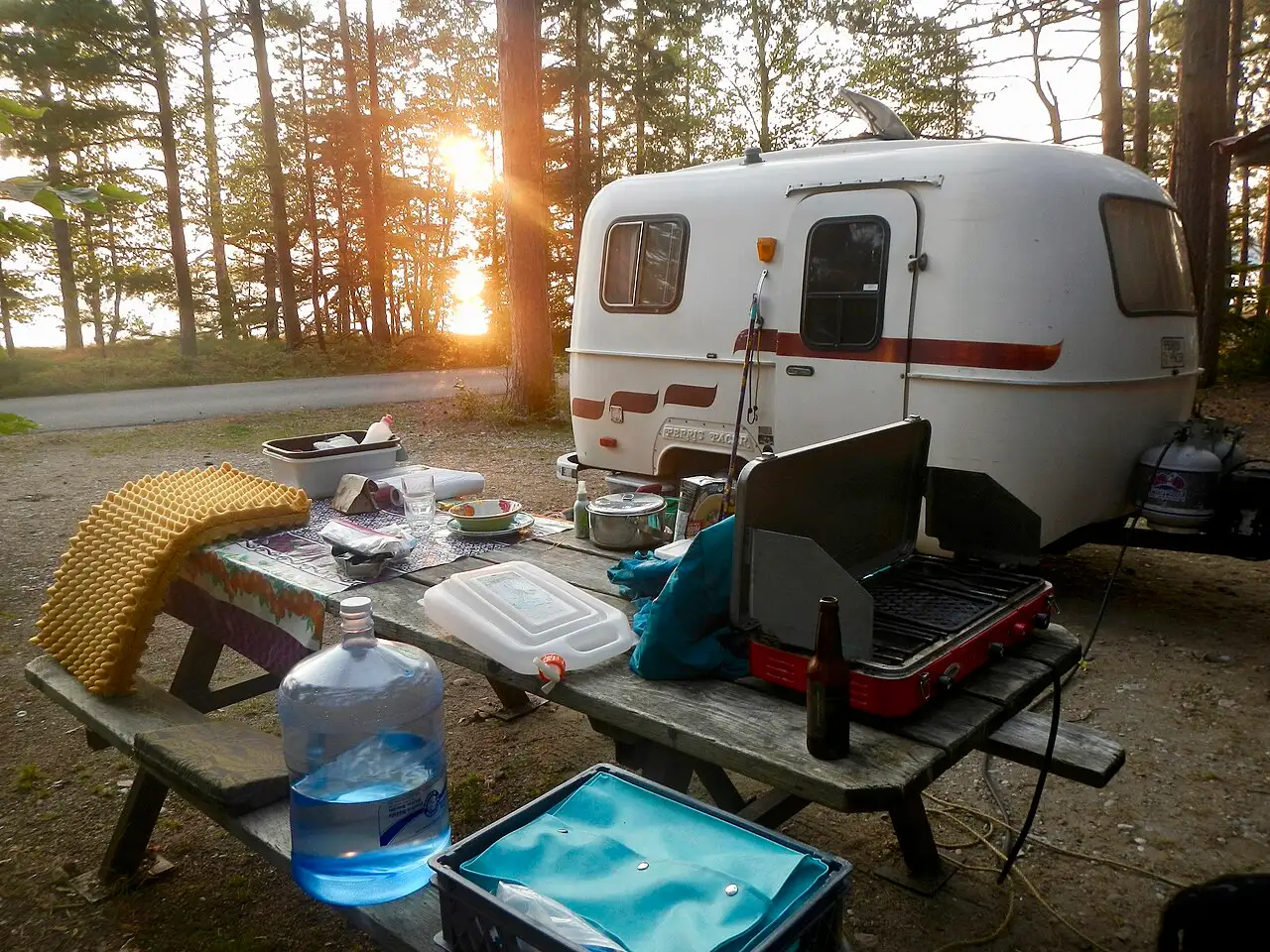 A tent and gear at a forest campsite in Lake Superior Provincial Park in Ontario