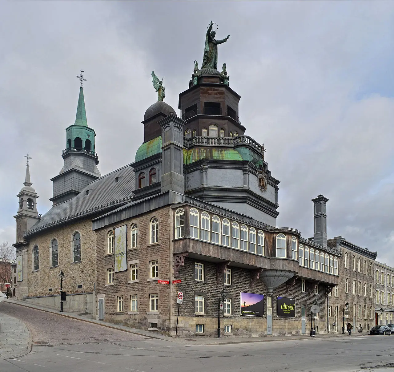 The stone Notre-Dame-de-Bon-Secours Chapel with its steeple in Old Montreal near the Old Port