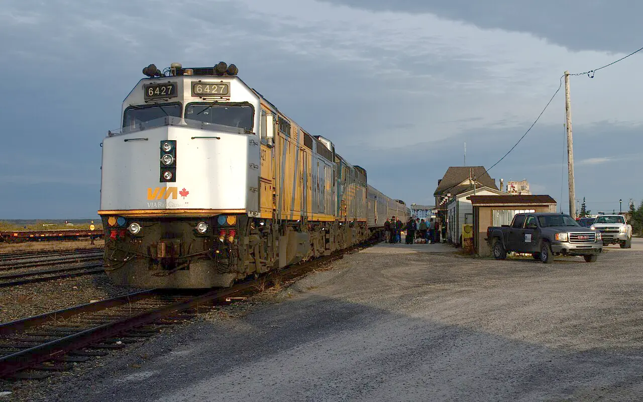 The VIA Rail Winnipeg to Churchill train standing at Churchill railway station in Manitoba