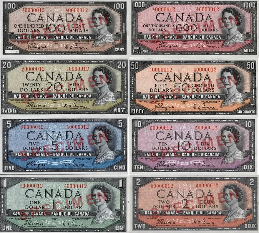 Spread of historical Canadian dollar banknotes from the 1954 series