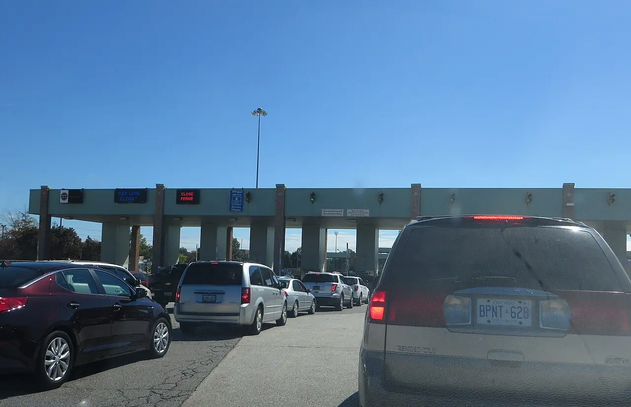 Approach to Canadian customs primary inspection booths at the Ambassador Bridge in Windsor