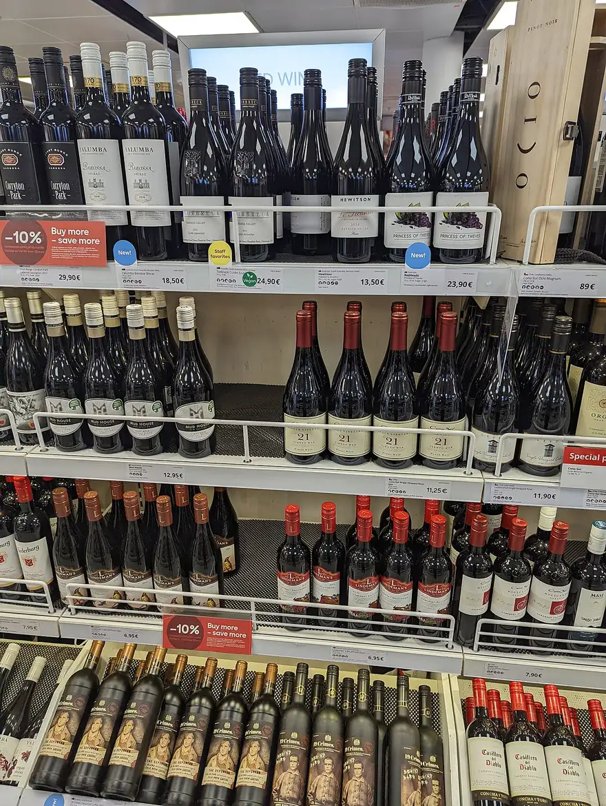 Bottles and packaged goods on shelves in a ferry tax-free shop