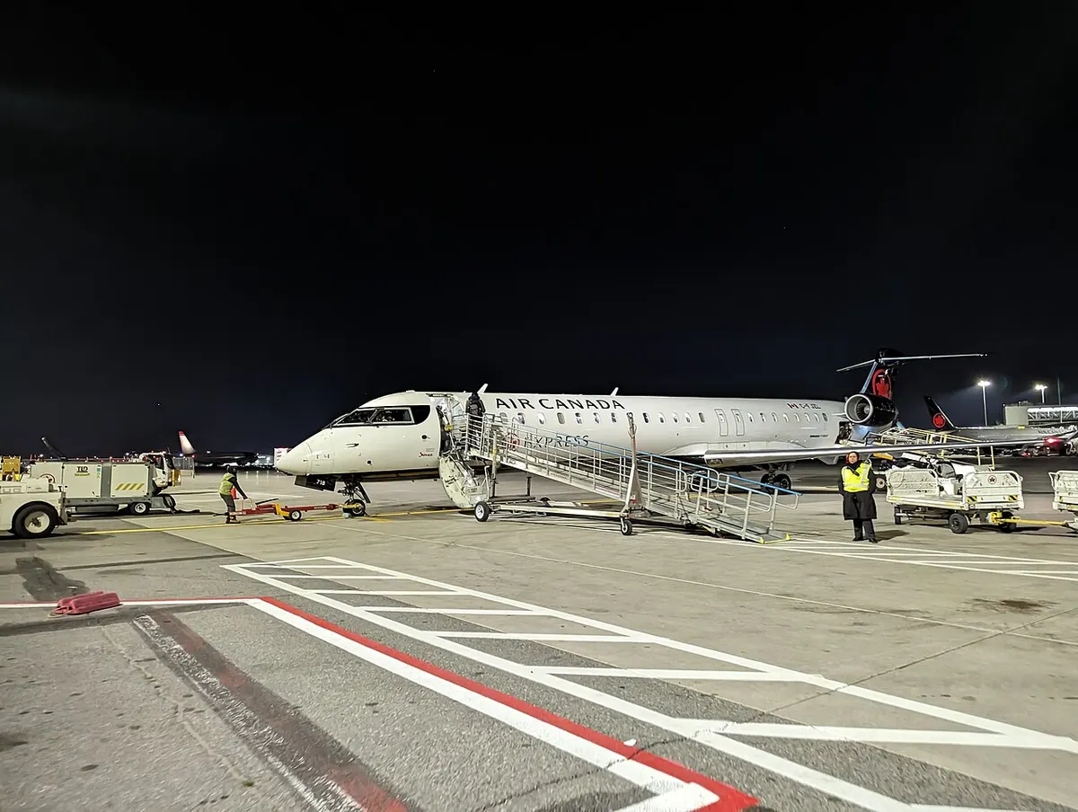 An Air Canada Jazz regional jet parked at Toronto Pearson International Airport