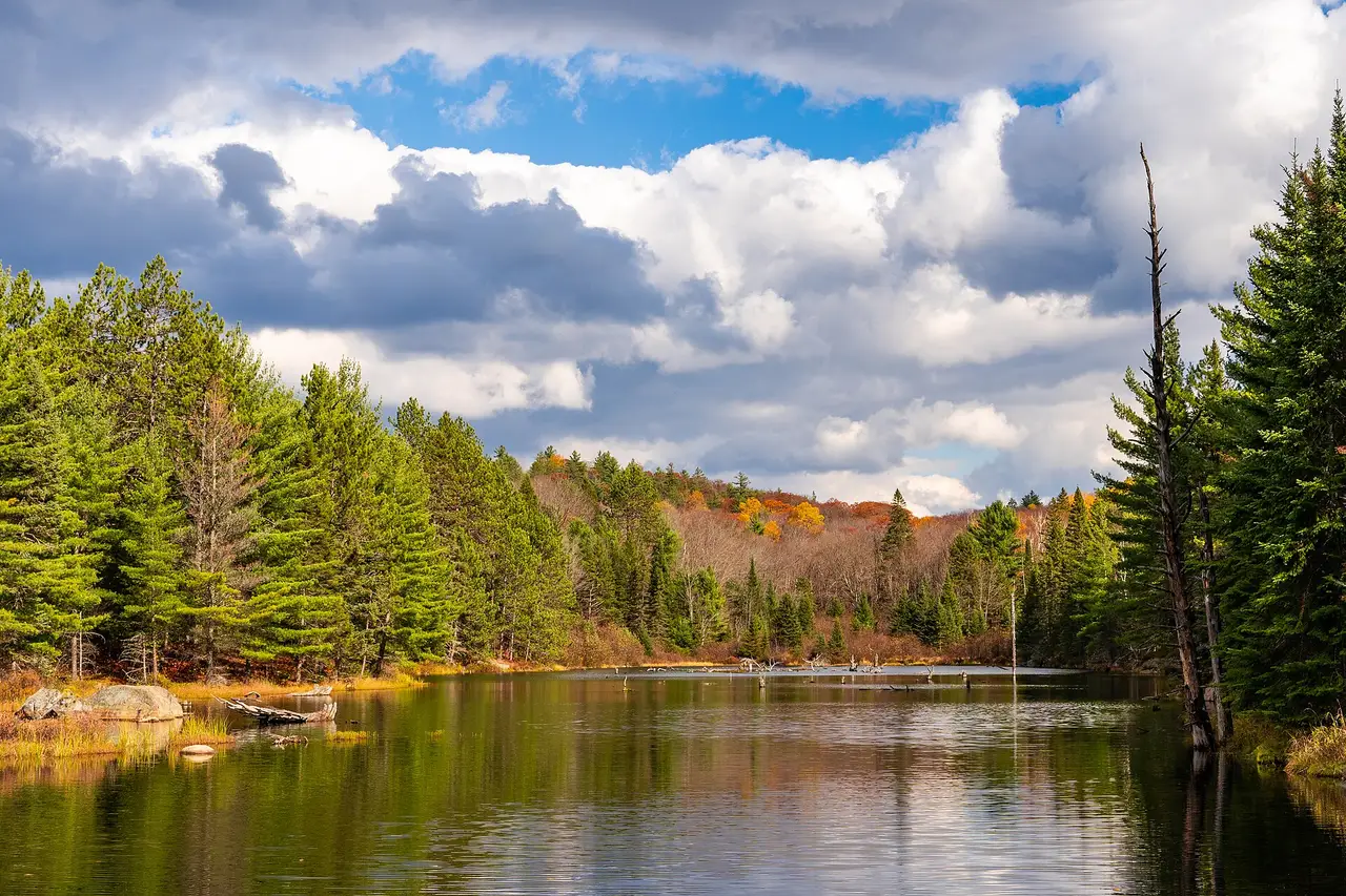 A small lake in Algonquin Provincial Park ringed by red and orange autumn forest