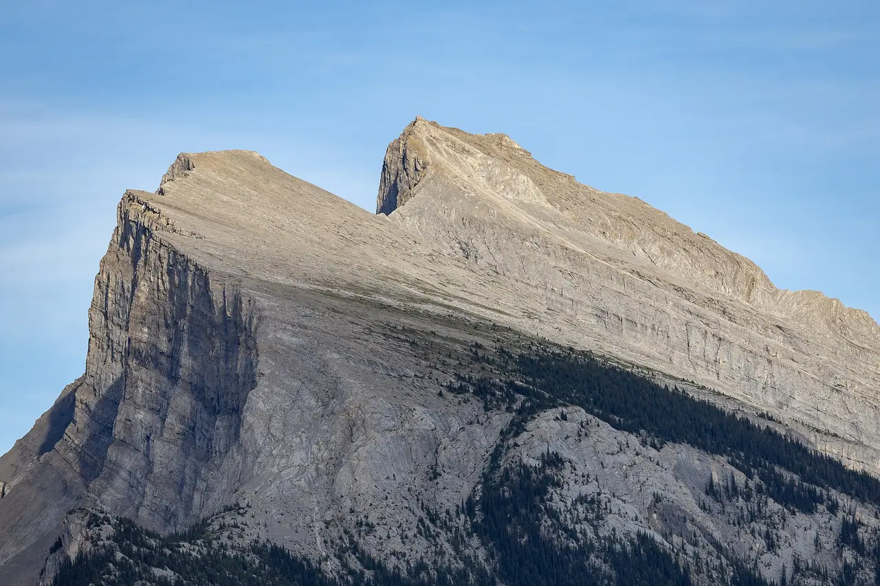 Mount Rundle reflected in the still water of Vermilion Lakes near Banff under a clear sky
