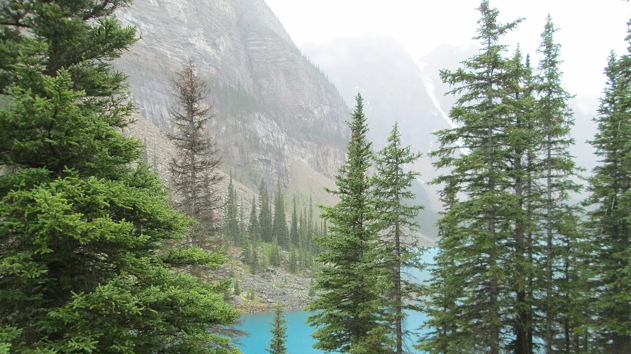 Turquoise Moraine Lake with the Valley of the Ten Peaks rising behind it in Banff National Park