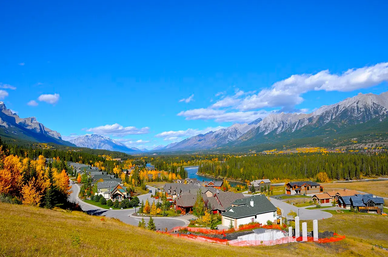 Canmore spread along the valley floor with the Fairholme Range beyond