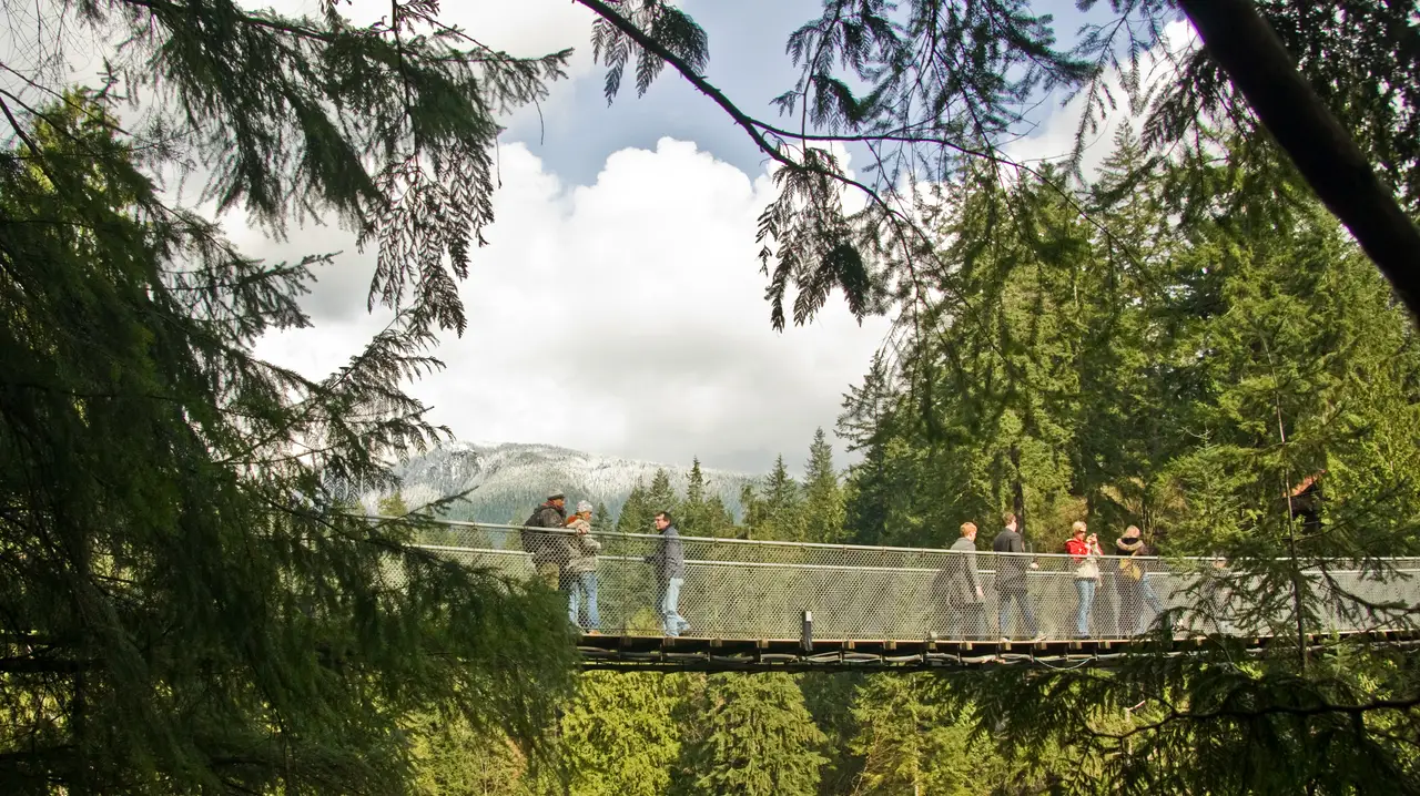 Visitors crossing the long Capilano Suspension Bridge high above the forested canyon