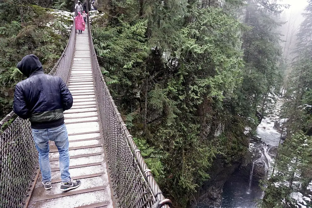 The free suspension bridge at Lynn Canyon Park spanning a forested gorge in North Vancouver