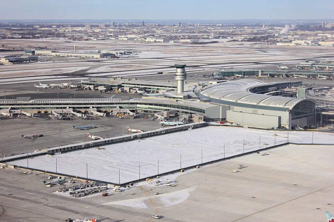 Aerial view of Toronto Pearson International Airport runways and terminal complex