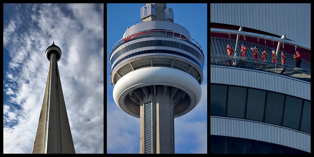 Participants walking hands-free around the outer rim of the CN Tower main pod on the EdgeWalk attraction