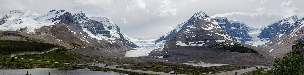Wide view of the Columbia Icefield and Athabasca Glacier from the Discovery Centre side of the highway