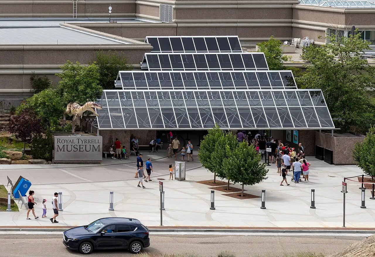 The main entrance building of the Royal Tyrrell Museum of Palaeontology set into the badlands landscape near Drumheller