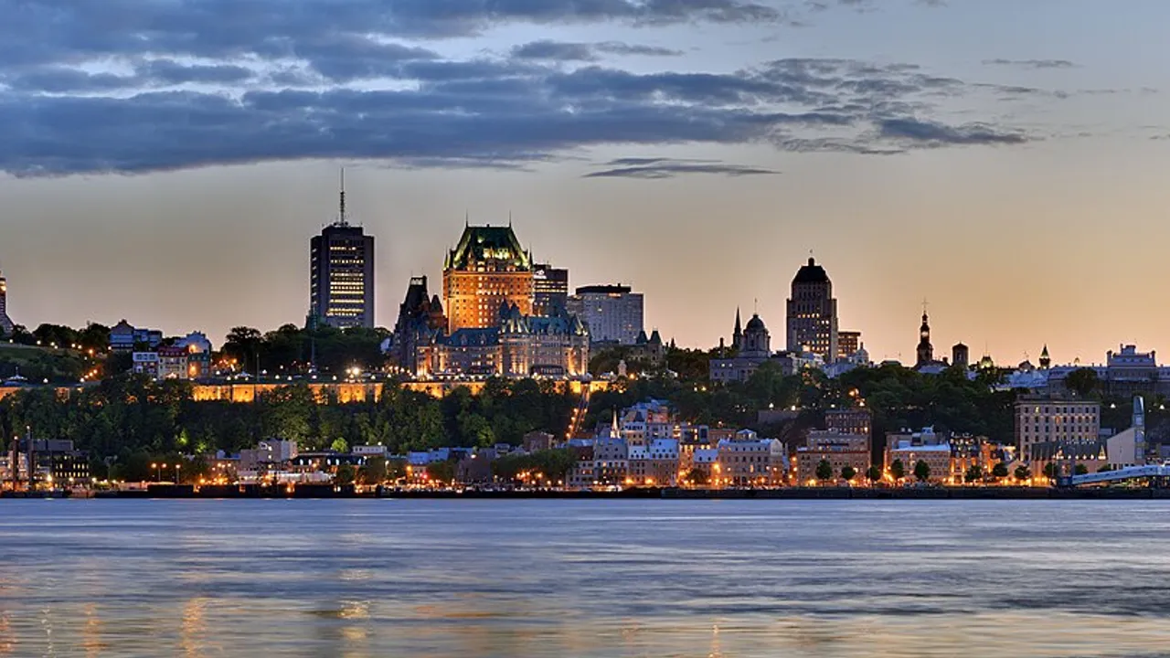 Old Quebec City and the Château Frontenac above the St Lawrence River at twilight