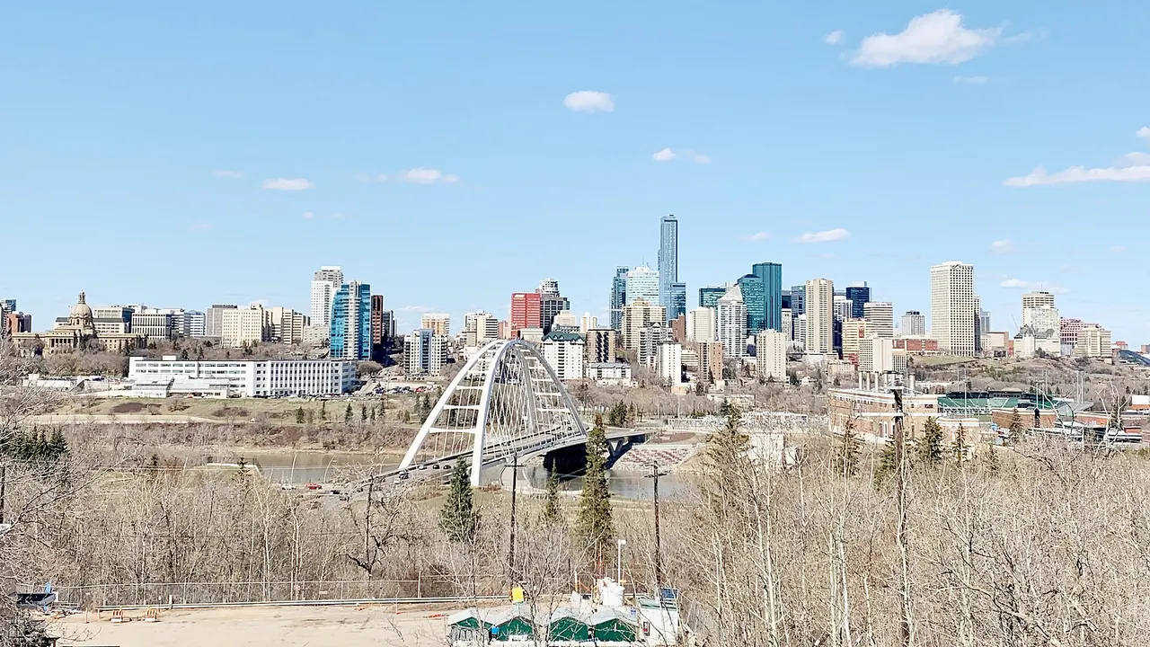 The downtown Edmonton skyline seen from Saskatchewan Drive across the river valley