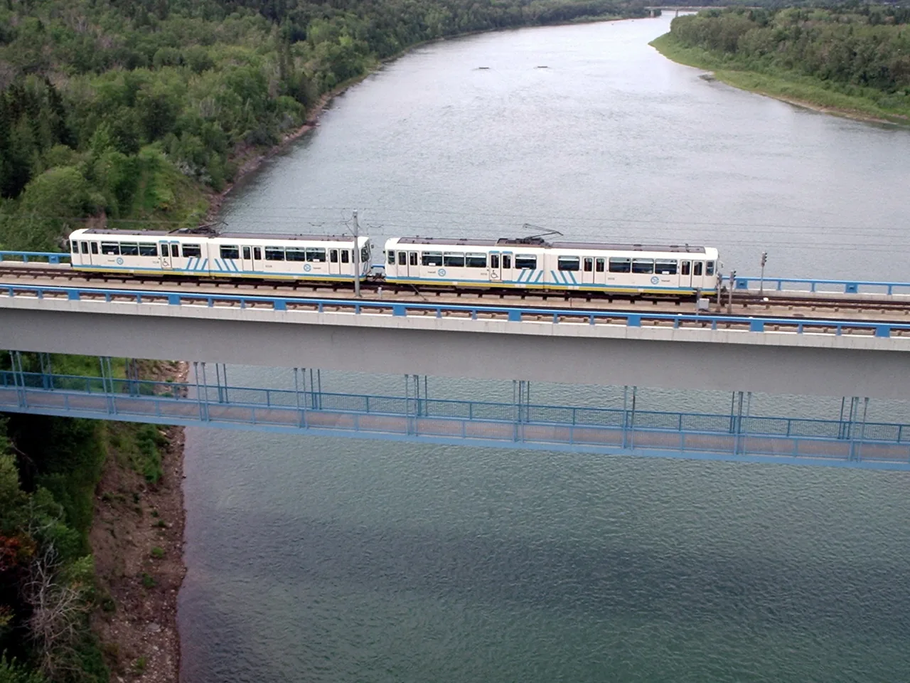 An Edmonton LRT train on an elevated track