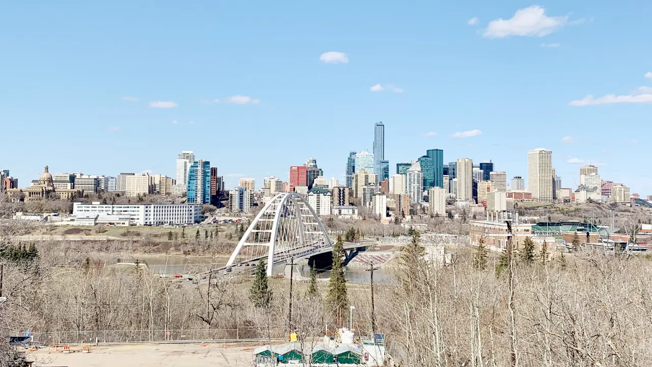 Downtown Edmonton towers seen across the North Saskatchewan River valley from the Saskatchewan Drive viewpoint