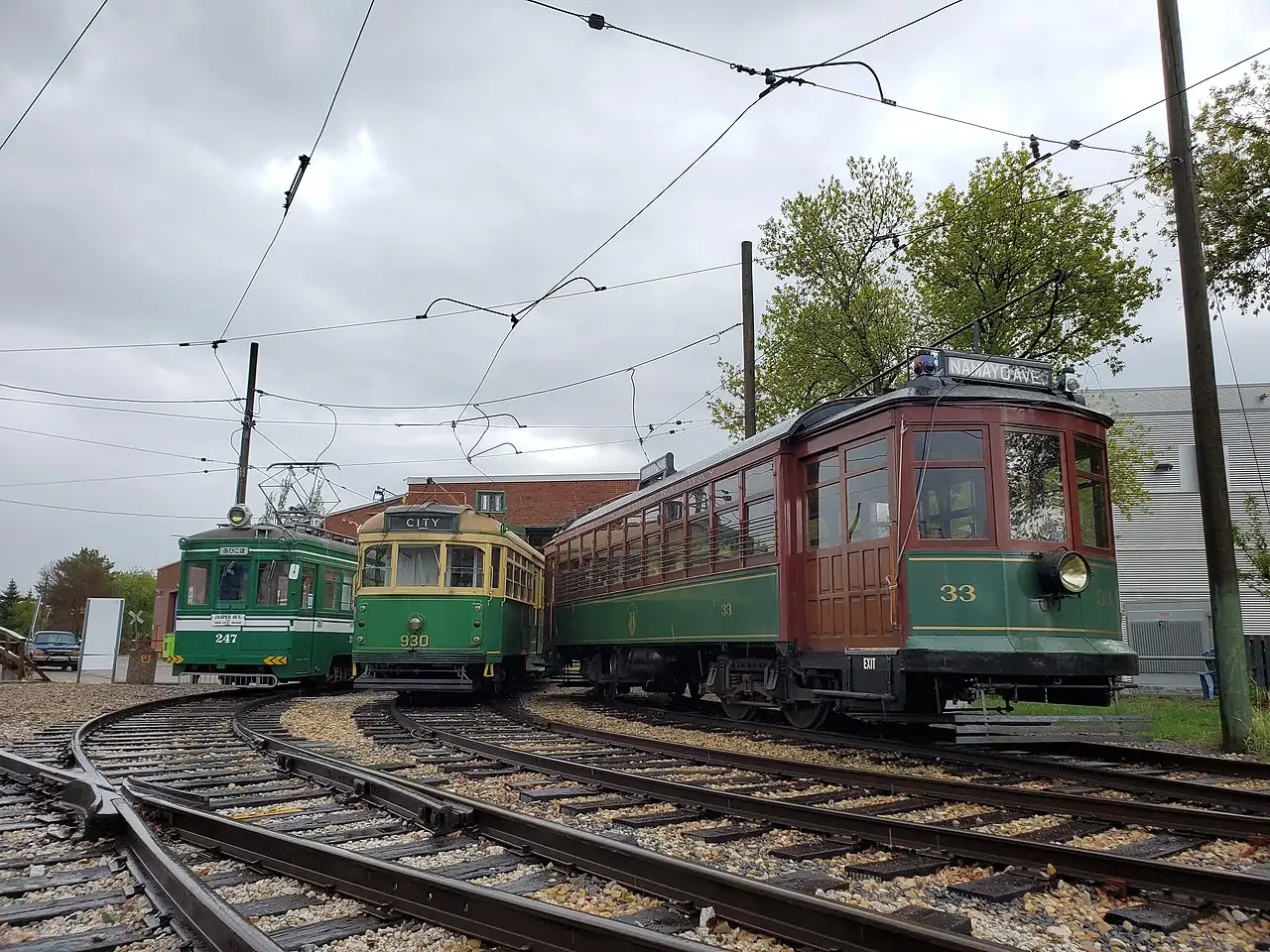 Restored streetcars parked at the High Level Bridge streetcar barn in Edmonton