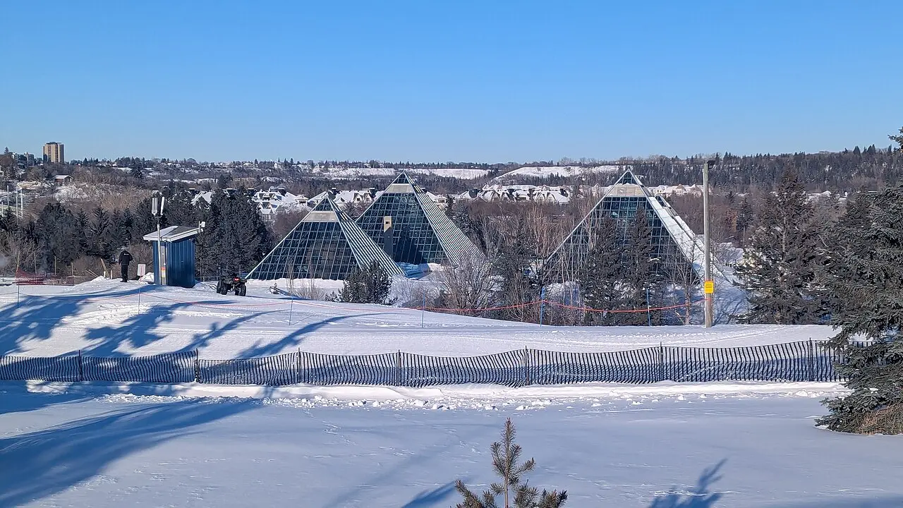 The four glass pyramids of the Muttart Conservatory on the south bank of the North Saskatchewan River