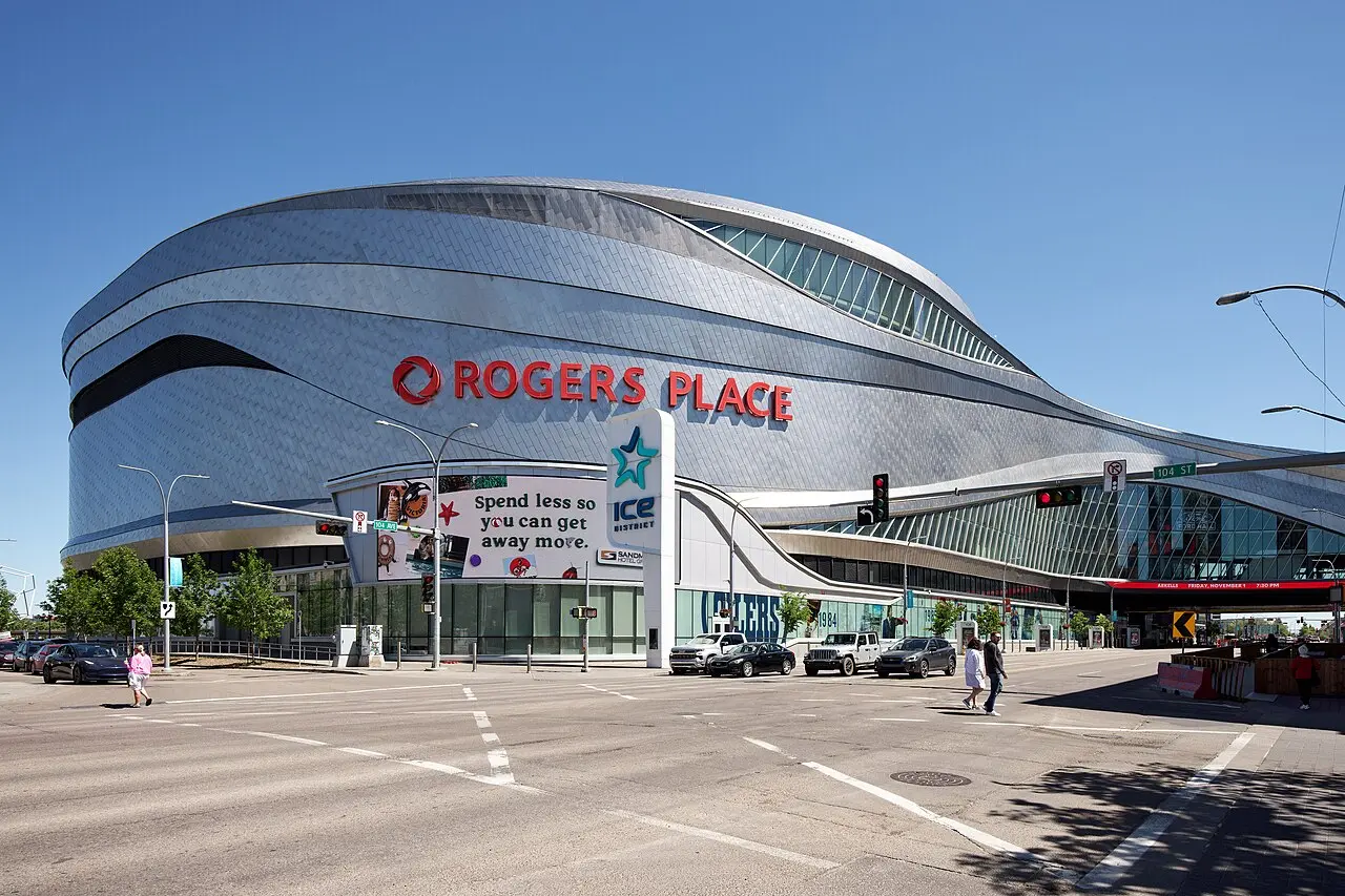 The curved metal facade of Rogers Place arena in the Edmonton Ice District