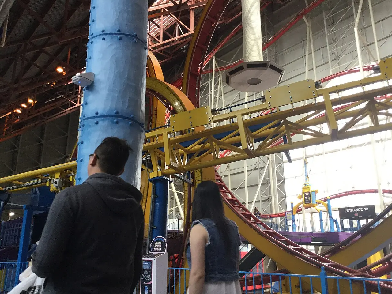 Rides and track structures inside Galaxyland indoor amusement park at West Edmonton Mall