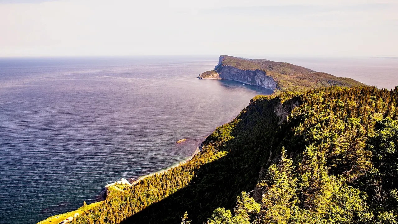 The forested Forillon peninsula tapering into the Gulf of St. Lawrence, seen from a high lookout