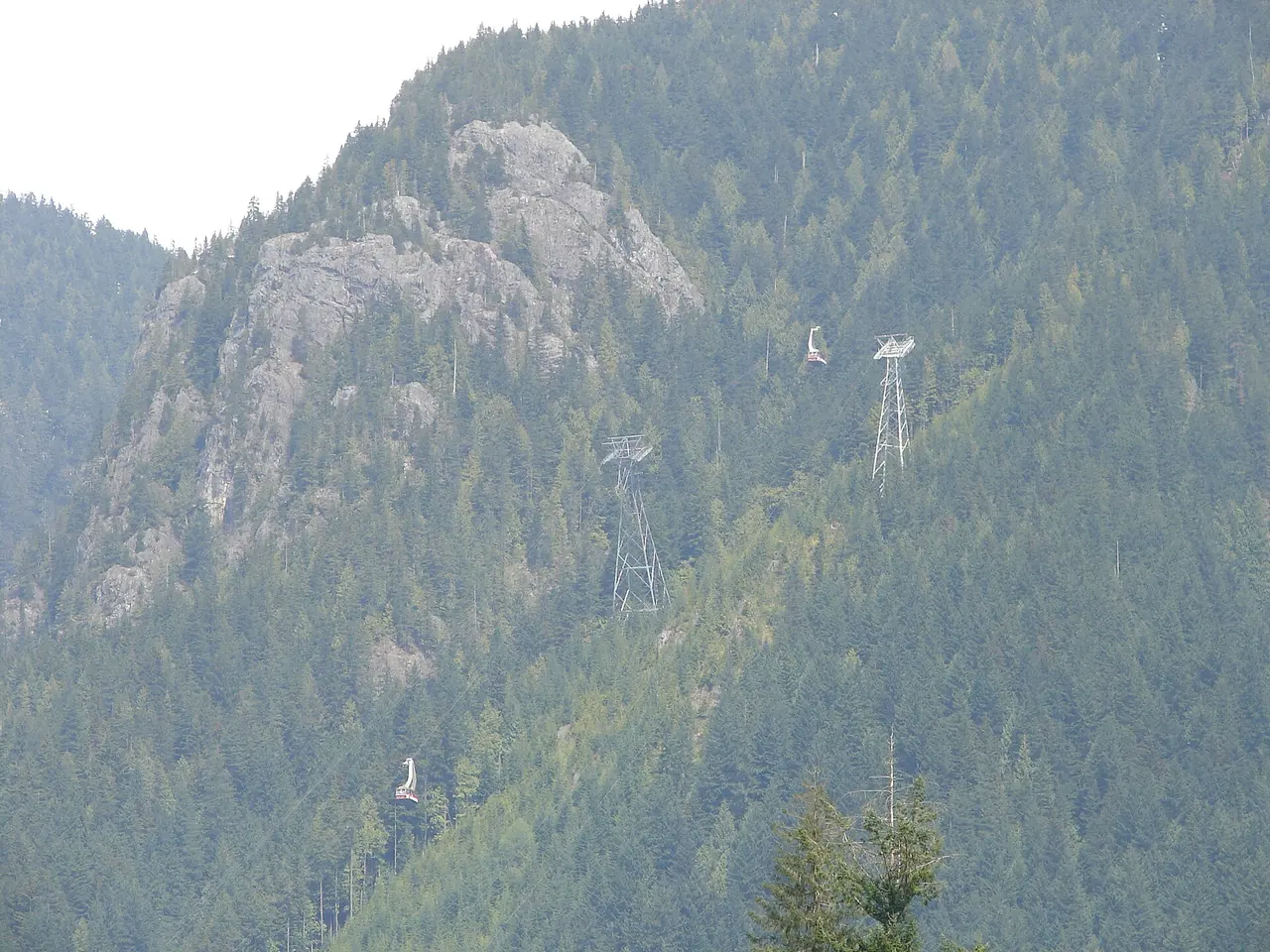A Grouse Mountain gondola cabin climbing through snow-dusted forest toward the summit