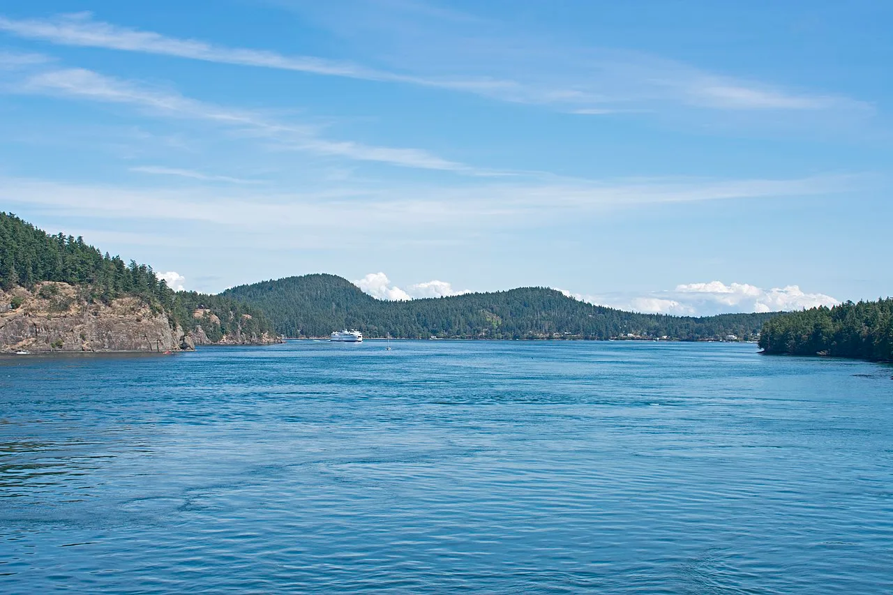 The Queen of New Westminster ferry navigating Active Pass between islands