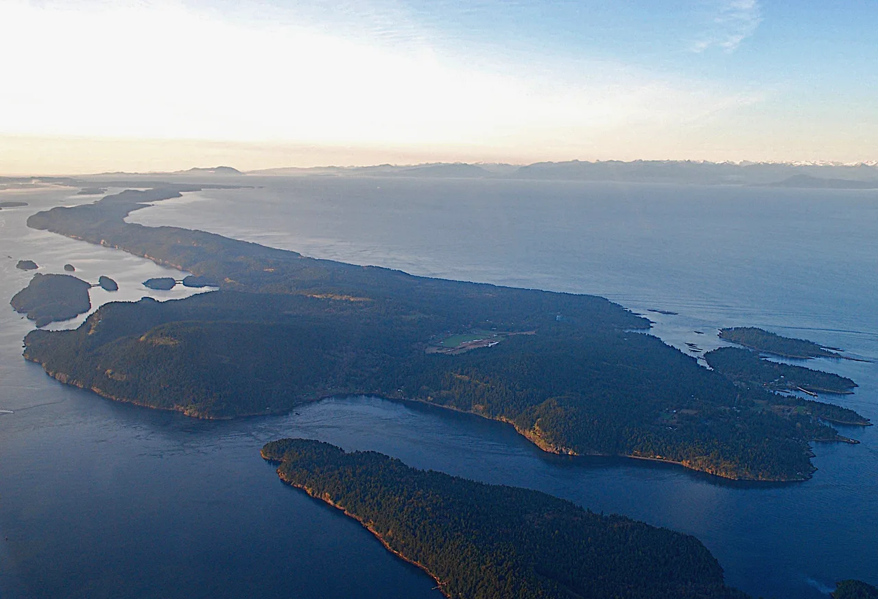 Galiano Island seen from above with forest and shoreline