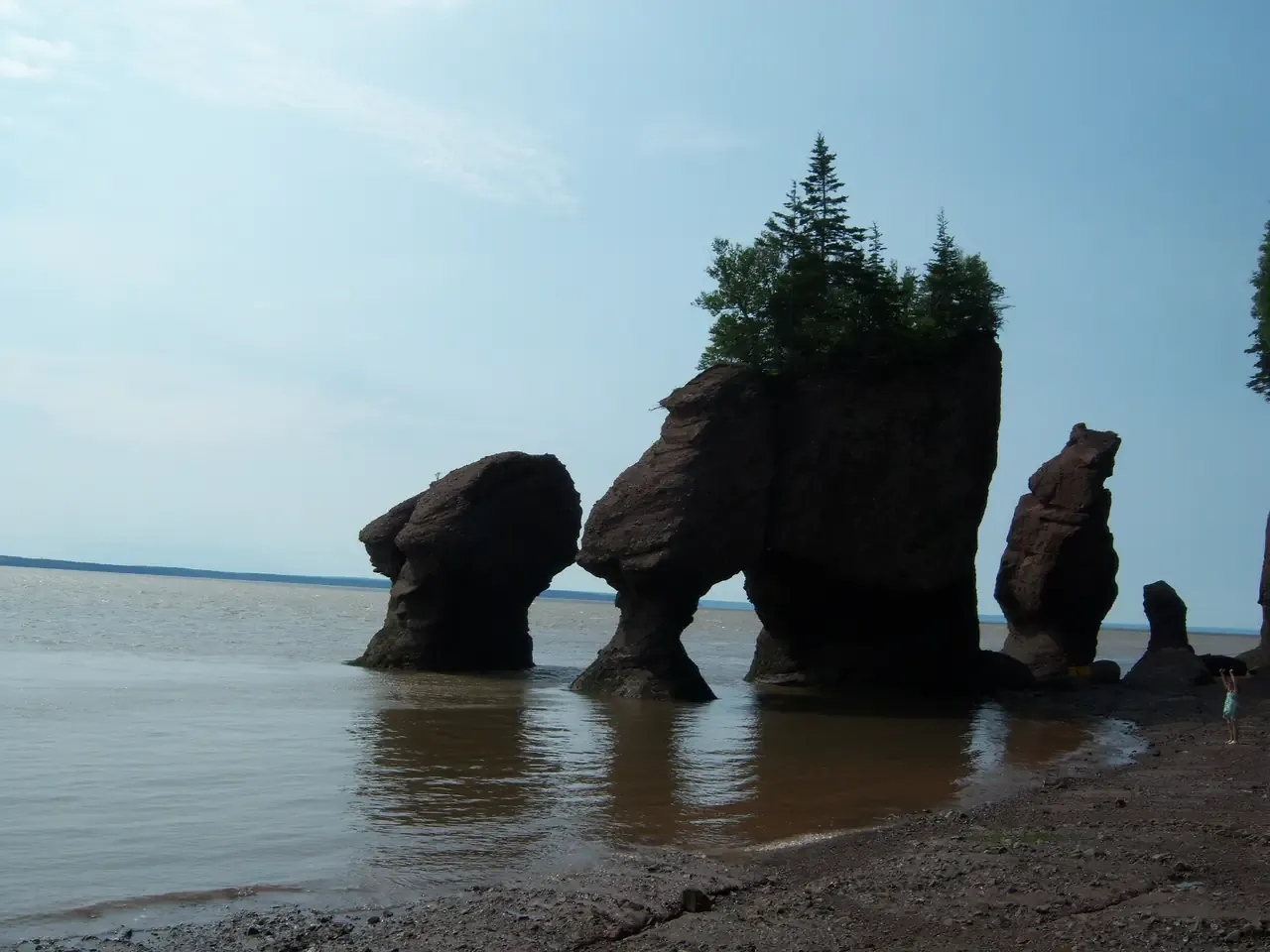 A natural sandstone arch at Hopewell Rocks Provincial Park with water beyond