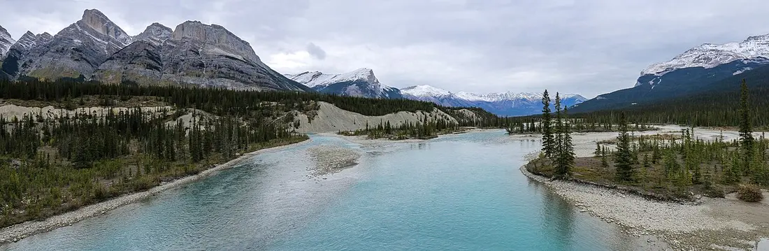 The braided turquoise channels of the North Saskatchewan and Mistaya rivers spreading across a wide gravel flat below snowy peaks