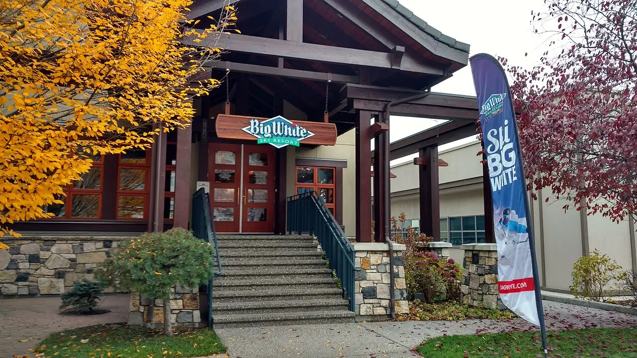 The entrance to Big White Ski Resort's day lodge in autumn