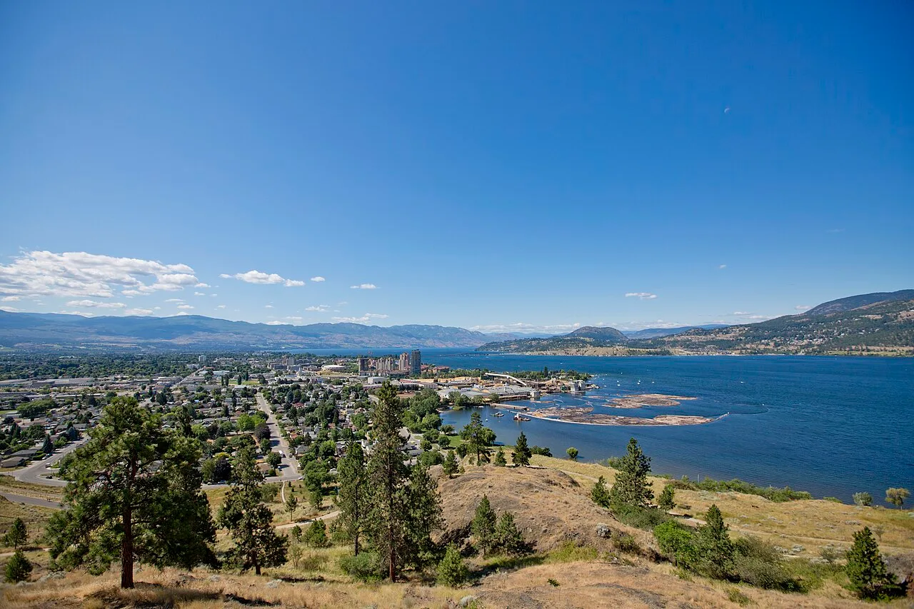 Kelowna, the William R. Bennett Bridge and Okanagan Lake seen from above the city