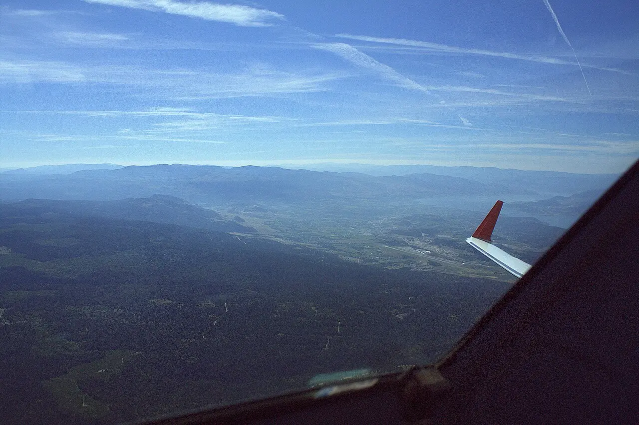 View from an aircraft window over the Okanagan Valley approaching Kelowna