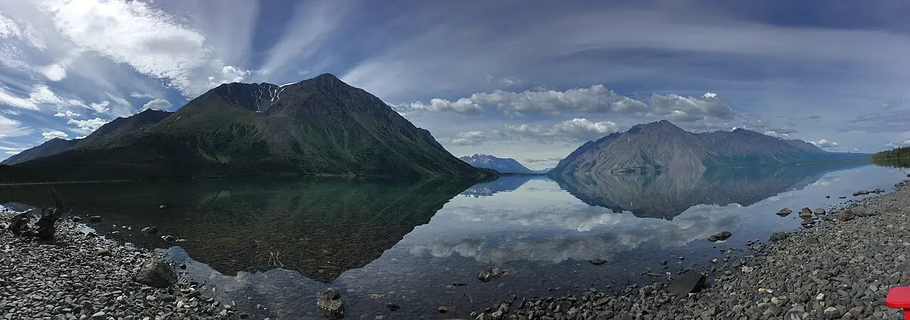 Wide view of Kathleen Lake and surrounding ridges in Kluane National Park