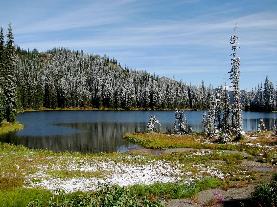 Snow-dusted burnt forest and mountains at Vermilion Pass on the Continental Divide in Kootenay National Park